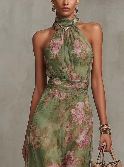 Livia | Elegante vestido largo con cuello halter y estampado floral